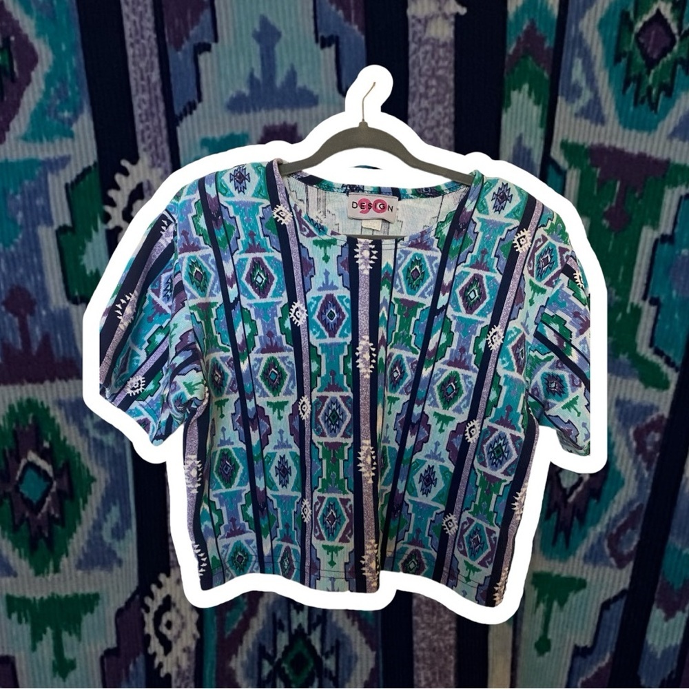 Vintage 90 Design Purple and Teal Aztec Print Boxy Top with Shoulder Pads, Med